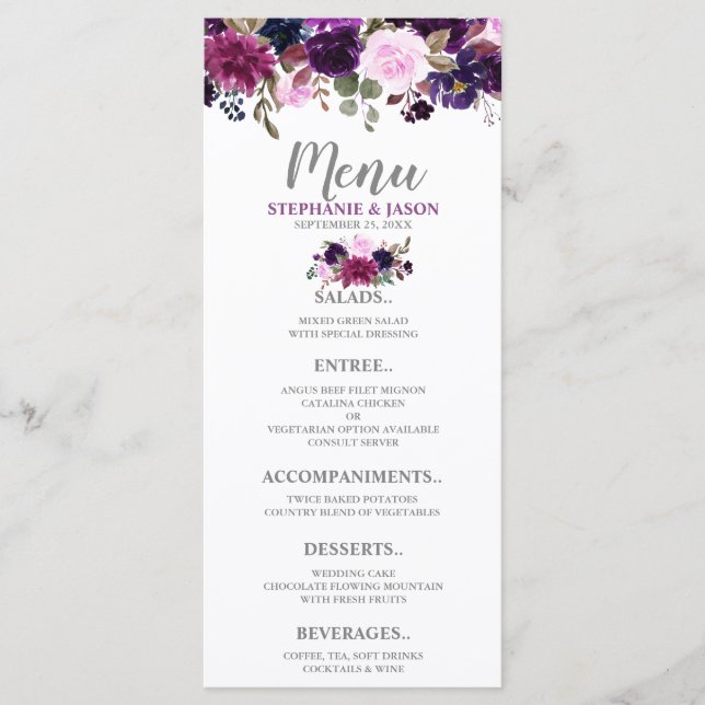 Lila Lavender Blommigt Boho Bröllop Menu Meny (Framsida)