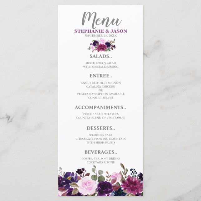 Lila Lavender Blommigt Boho Bröllop-menyn Meny (Framsida)