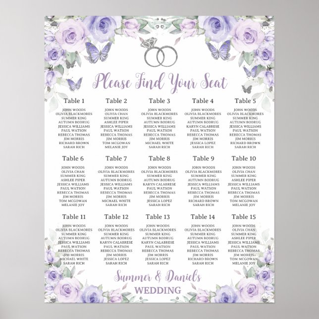 Lila Lavender Blommigt Bröllop Ringar sittdiagram Poster (Framsidan)