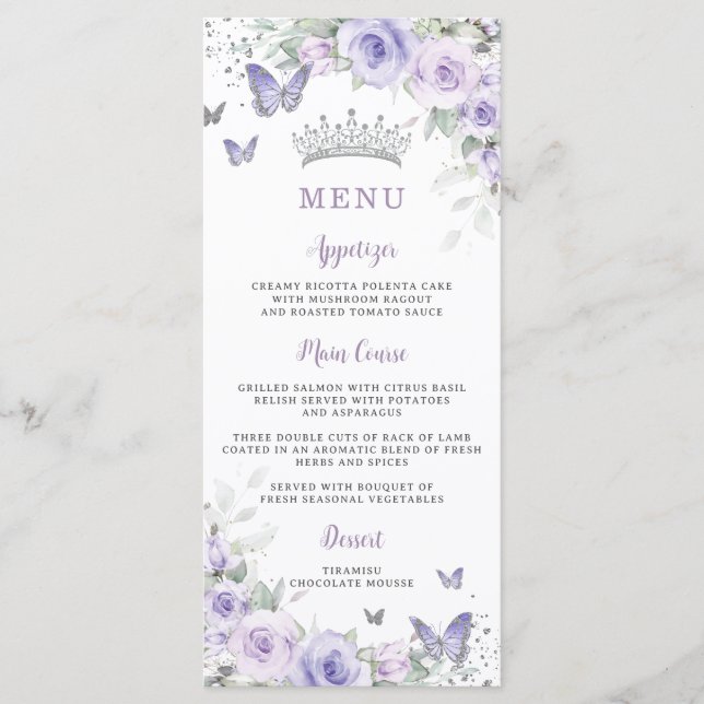 Lila Lavender Blommigt Butterflies Slim Menu Meny (Framsida)
