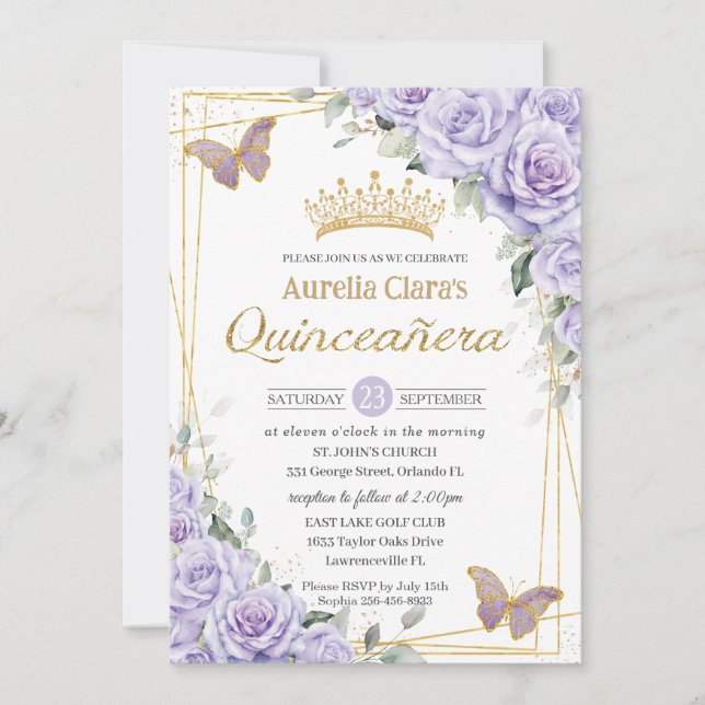 Lila Lavender Blommigt Butterfly Guld Quinceanera Inbjudningar (Framsida)
