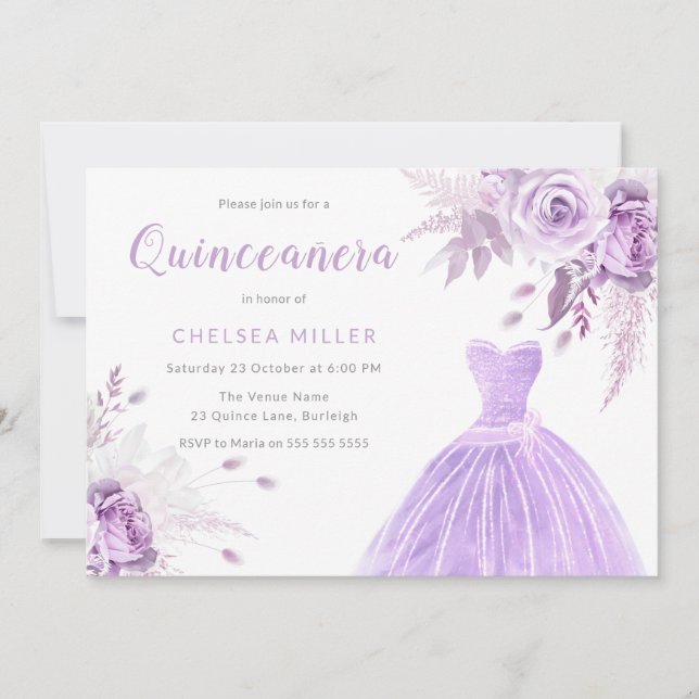 Lila Lavender Blommigt & Dress Quinceanera Party Inbjudningar (Framsida)