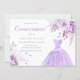 Lila Lavender Blommigt & Dress Quinceanera Party Inbjudningar