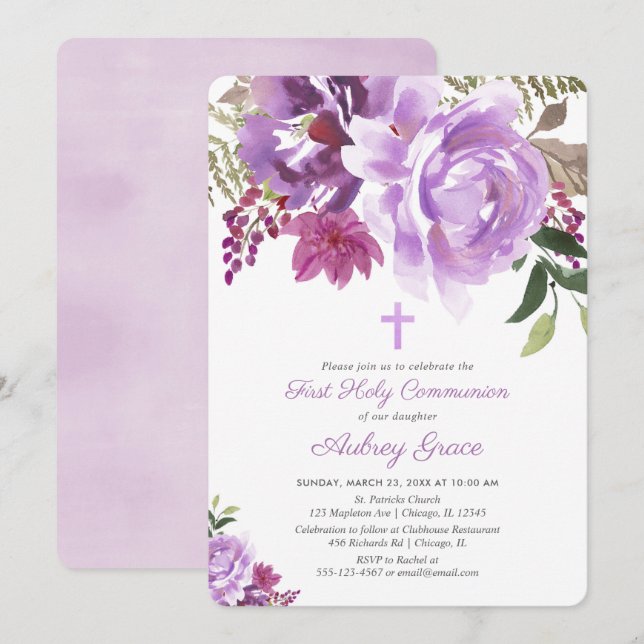 Lila lavender blommigt första heligan kommendör  inbjudningar (Fram/baksida)