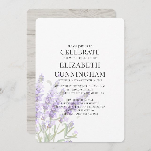 Lila Lavender Blommigt Memorial Inbjudningar (Fram/baksida)