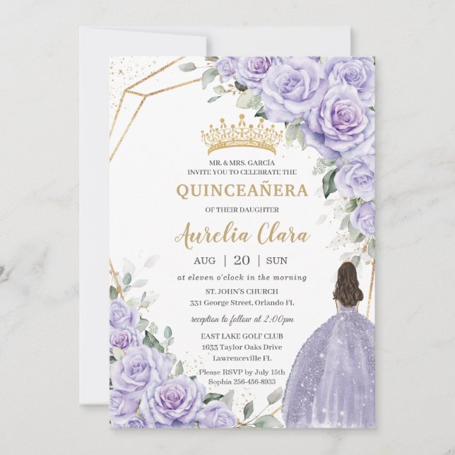 Lila Lavender Blommigt Princess Guld Quinceañera Inbjudningar (Framsida)