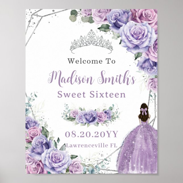 Lila Lavender Blommigt Princess Sweet 16 Birthday Poster (Framsidan)