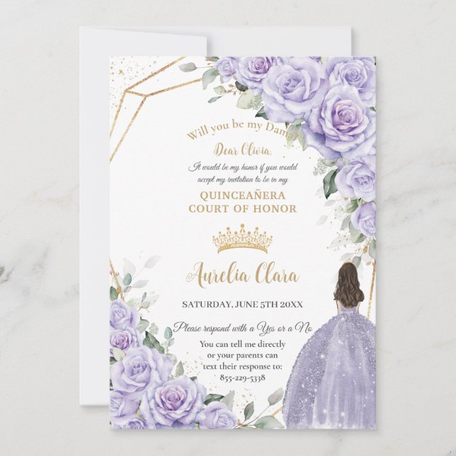 Lila Lavender Blommigt Quinceañera Dama Frieri Inbjudningar (Framsida)