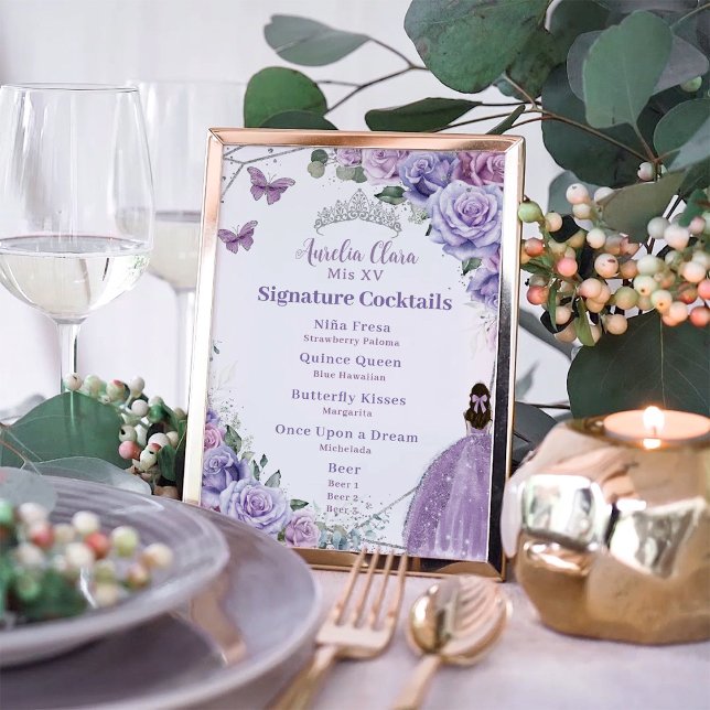 Lila Lavender Blommigt Quinceanera Drink Menu Poster (Skapare uppladdad)