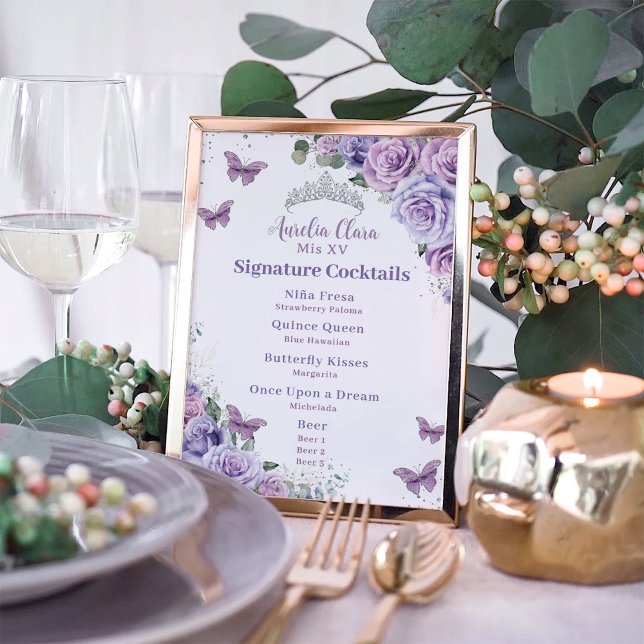 Lila Lavender Blommigt Quinceanera Pub Drink Menu Poster (Skapare uppladdad)