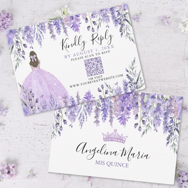 Lila Lavender Blommigt Quinceanera QR Code OSA Kort (Purple Lavender Floral Quinceanera QR Code RSVP)