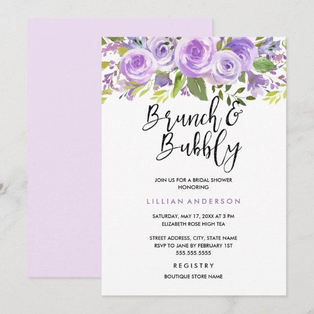 Lila Lavender Blommigt Ro Brunch och Bubly Inbjudningar (Fram/baksida)