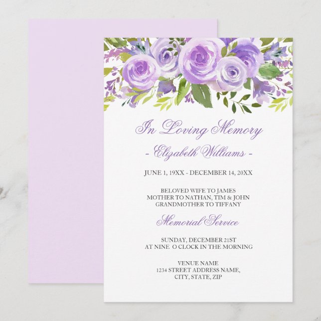 Lila Lavender Blommigt Ro Memorial Service Inbjudningar (Fram/baksida)