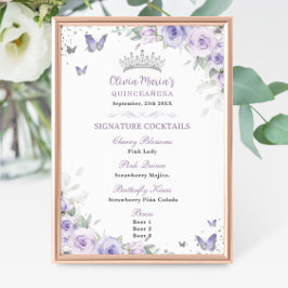 Lila Lavender Blommigt Silver Quinceañera Pub Menu Poster