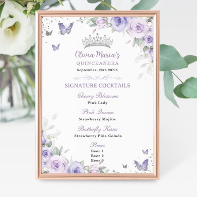 Lila Lavender Blommigt Silver Quinceañera Pub Menu Poster (Skapare uppladdad)
