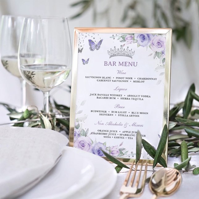 Lila Lavender Blommigt Silver Quinceañera Pub Menu Poster (Skapare uppladdad)