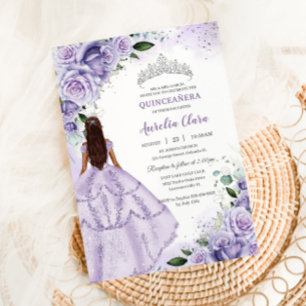 Lila Lavender Blommigt Silver Quinceañera Sweet 16 Inbjudningar