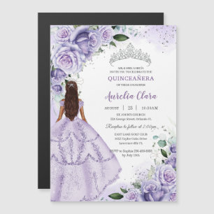 Lila Lavender Blommigt Silver Quinceañera Sweet 16 Magnetisk Inbjudningskort