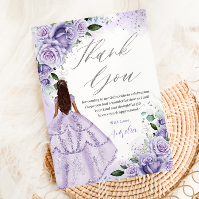 Lila Lavender Blommigt Silver Quinceanera Sweet 16 Tack Kort (Skapare uppladdad)