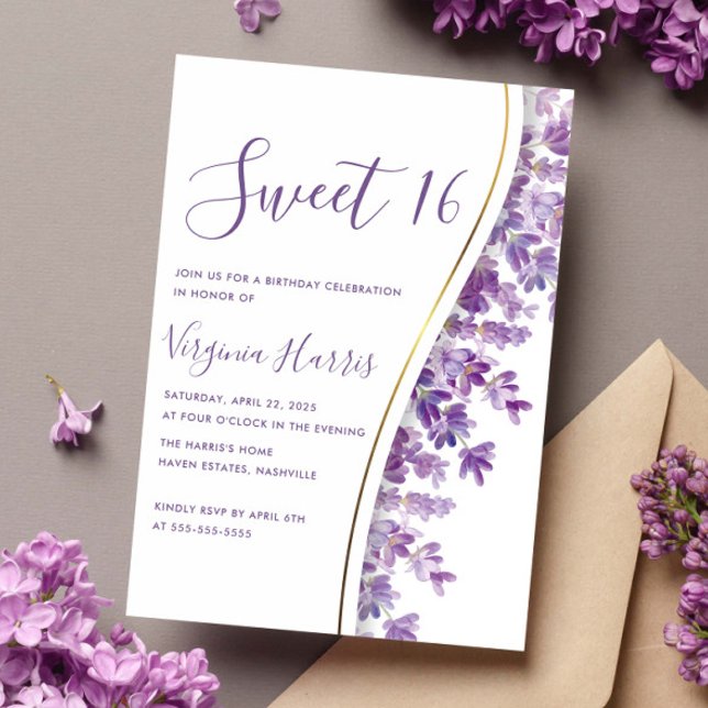 Lila Lavender Blommigt Sweet sixteen 16 födelsedag Inbjudningar (Skapare uppladdad)