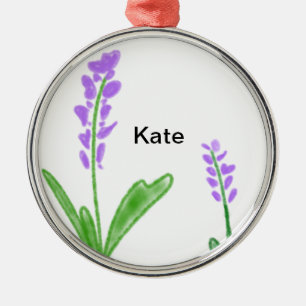 Lila lavender blommigt vattenfärg lägga till namn julgransprydnad metall