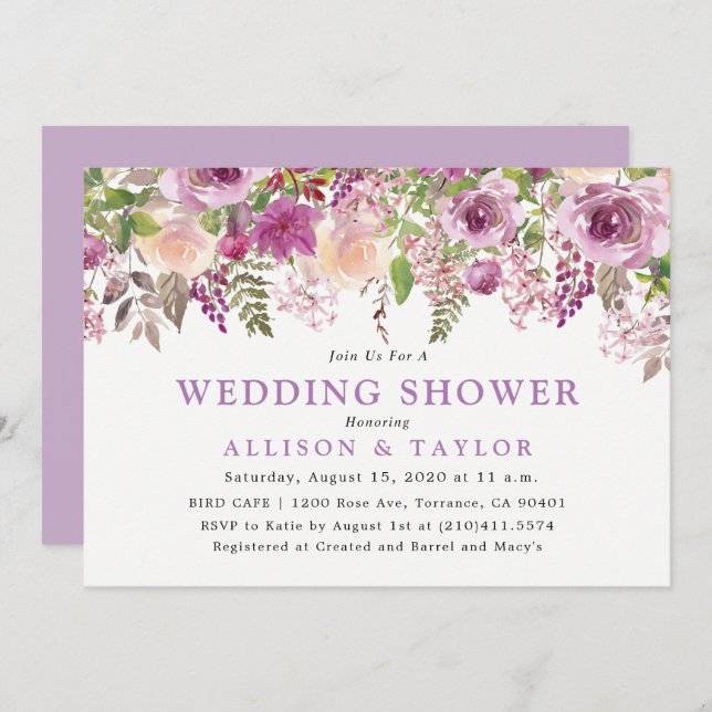 Lila Lavender Blommigt Violet Möhippa Inbjudningar (Fram/baksida)