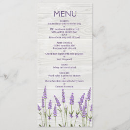 Lila lavender-blommor på trä Bröllop Menu Meny