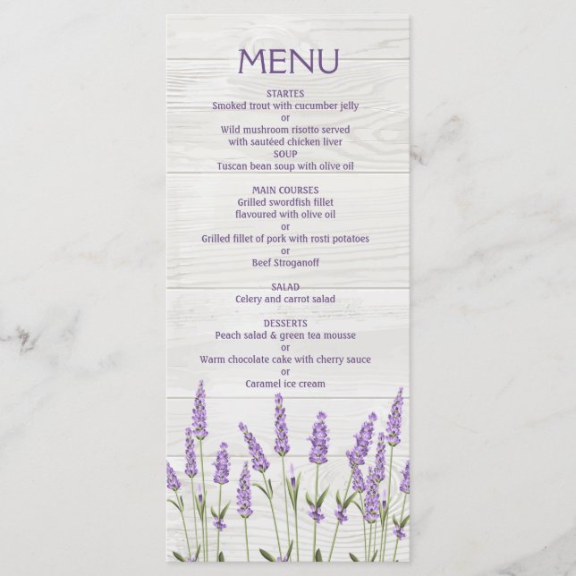 Lila lavender-blommor på trä Bröllop Menu Meny (Framsida)