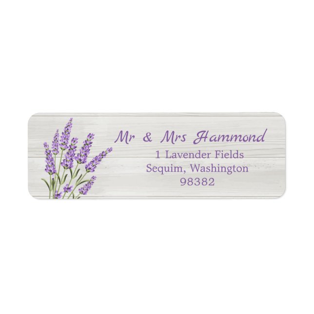 Lila lavender-blommor på trä returadress etikett (Framsidan)
