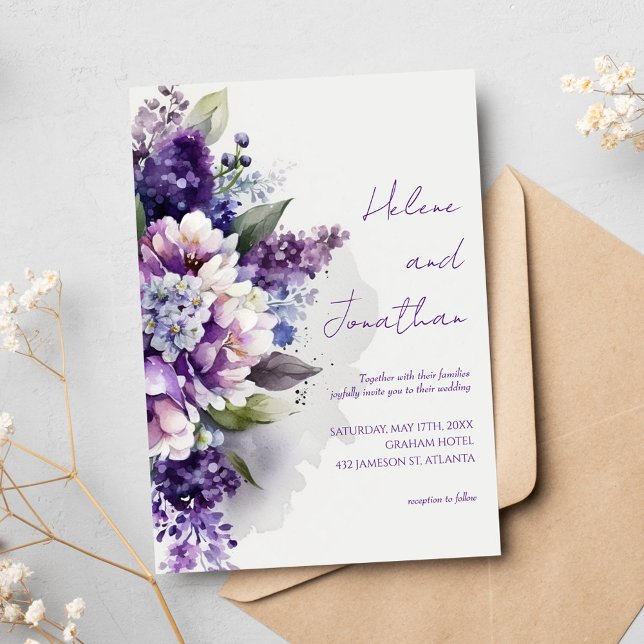 Lila Lavender Boho Rustic Blommigt Elegant bröllop Inbjudningar (Purple Lavender Boho Rustic Floral Elegant Wedding Invitation)