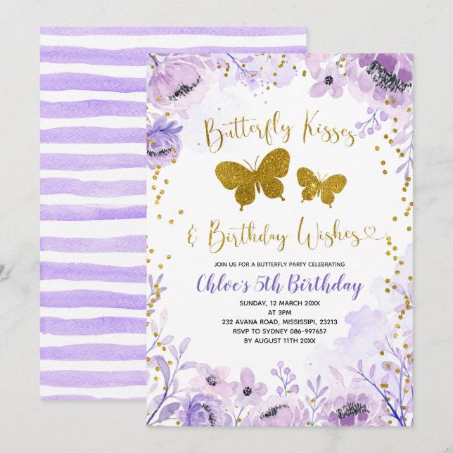 Lila Lavender Butterfly Kisses och Birthday Inbjudningar (Fram/baksida)