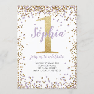 Lila Lavender Confetti Girl First Birthday Guld Inbjudningar