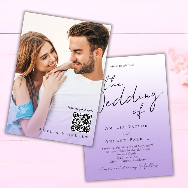 Lila Lavender Elegant Foto QR-kod Bröllop Inbjudningar (Skapare uppladdad)