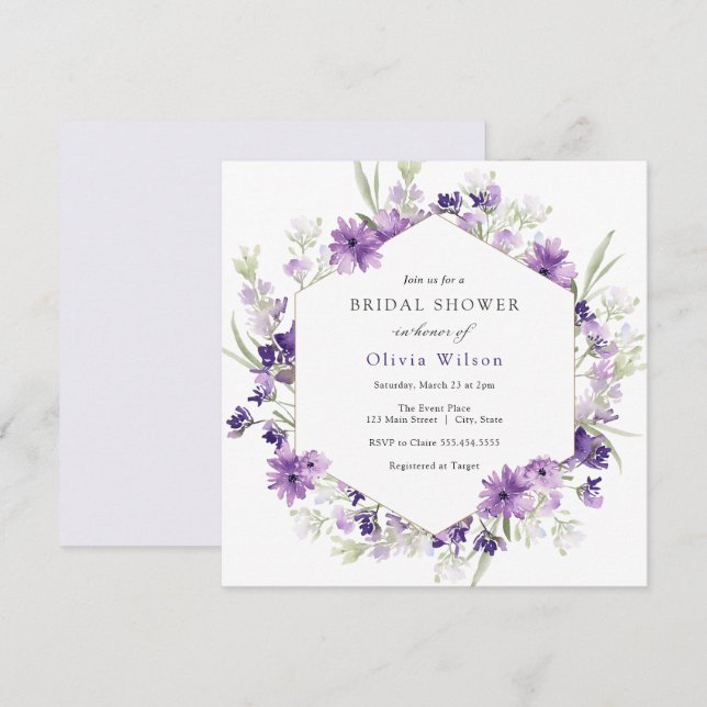 Lila Lavender Flowers Inbjudningskort för möhippan (Fram/baksida)