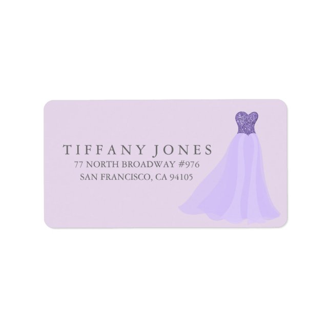 Lila Lavender Glitter Dress Gown Address Label Adressetikett (Framsidan)