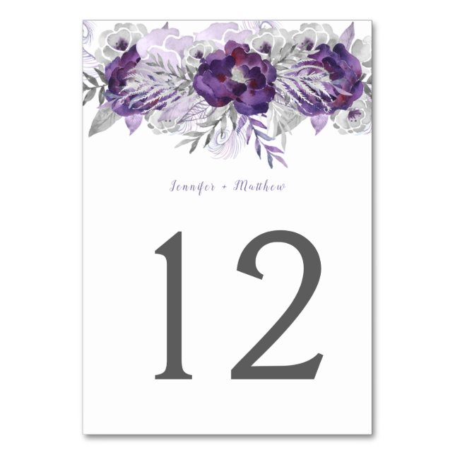 Lila Lavender Grått Watercolor Blommigt Bord | Bordsnummer (Framsidan)