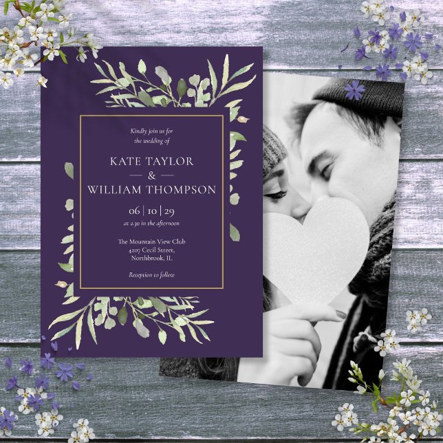 Lila Lavender Greenery Guld Photo Bröllop Inbjudningar (Purple Lavender Greenery Gold Photo Wedding Invitation)