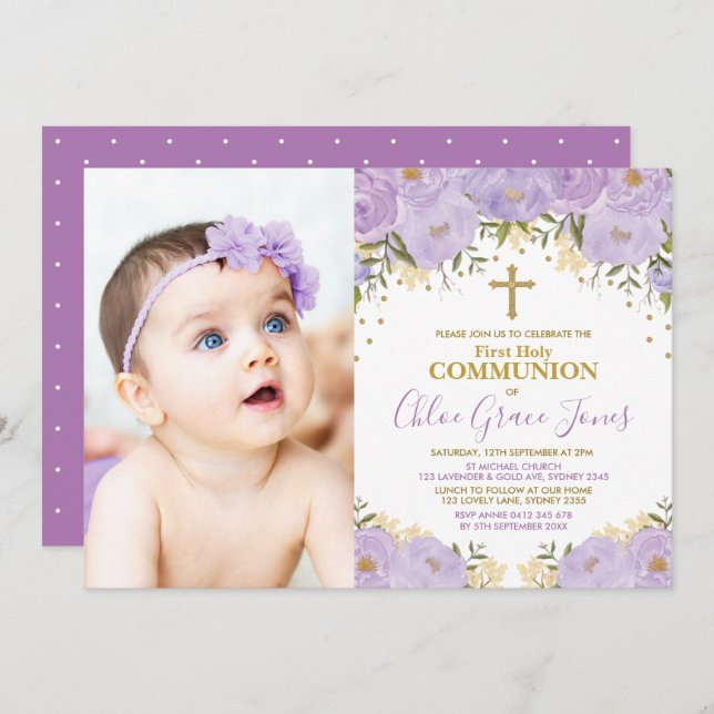 Lila Lavender Guld Blommigt First Heliga Communion Inbjudningar (Fram/baksida)