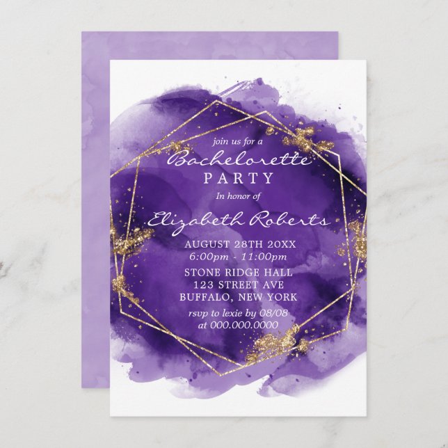 Lila Lavender Guld Paint Bachelorette Party Inv Inbjudningar (Fram/baksida)