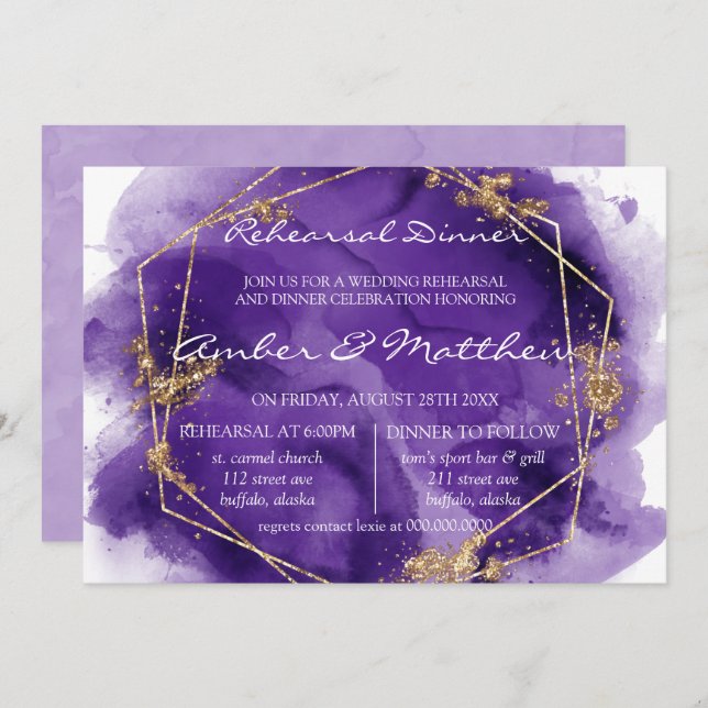 Lila Lavender Guld Paint Rehearsal Dinner Invita Inbjudningar (Fram/baksida)