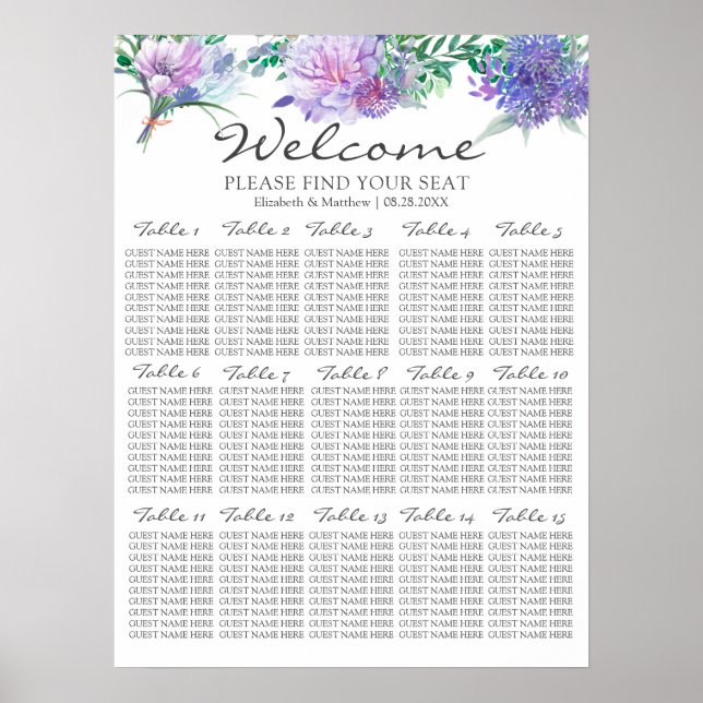 Lila Lavender Hydrangeas Bröllop-sätesdiagram Poster (Framsidan)