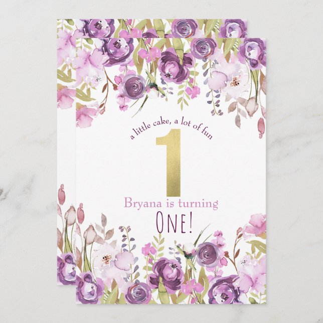 Lila Lavender Lilac Blommigt Modern 1:a födelsedag Inbjudningar (Fram/baksida)