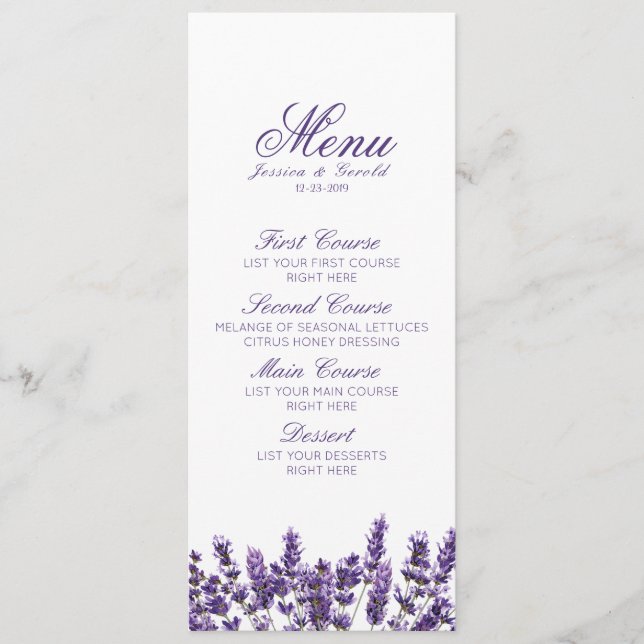 Lila Lavender Lilac Flower Bröllop Menu Meny (Framsida)