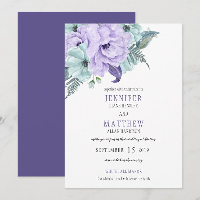 Lila Lavender Mint Peonies bröllopsinbjudan Inbjudningar (Fram/baksida)