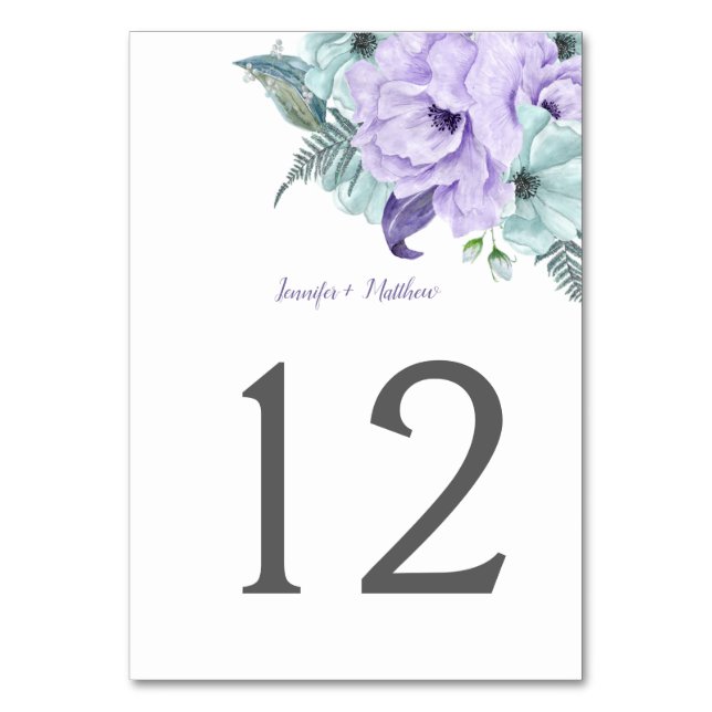 Lila Lavender Mint Watercolor Peonies Bord | Bordsnummer (Framsidan)