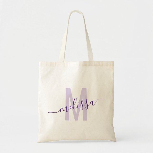 Lila Lavender Modern Monogram Namn Tote Bag Tygkasse (Framsidan)