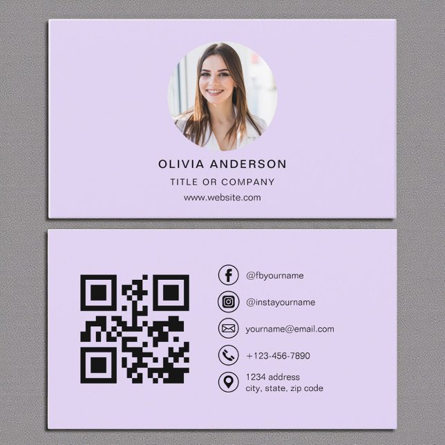 Lila Lavender Photo with QR Code Social Media Visitkort (Skapare uppladdad)