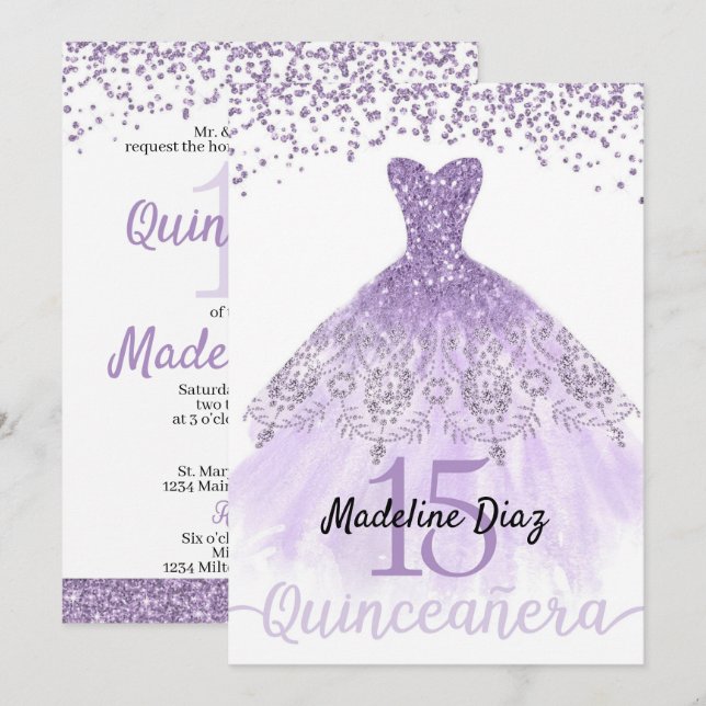 Lila Lavender Quinceanera Birthday-inbjudan Inbjudningar (Fram/baksida)