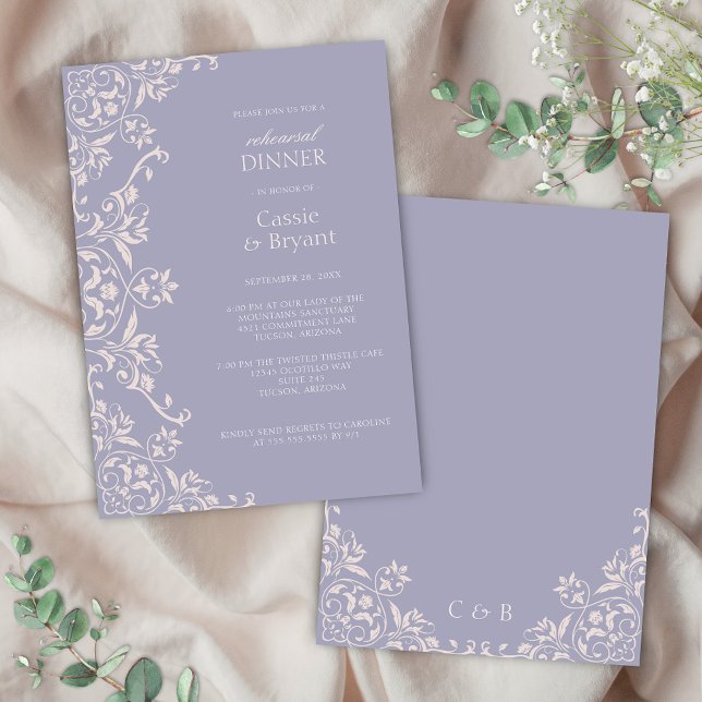 Lila Lavender Rehearsal Middagsinbjudan Inbjudningar (Elegant purple lavender wedding rehearsal dinner invitation with romantic vintage french lilac theme)