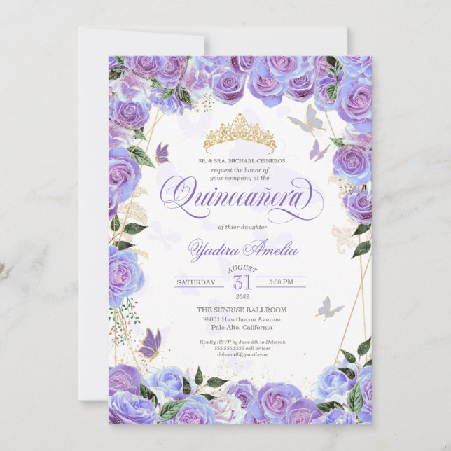 Lila Lavender Ro Elegant Butterfly Quinceanera Inbjudningar (Framsida)
